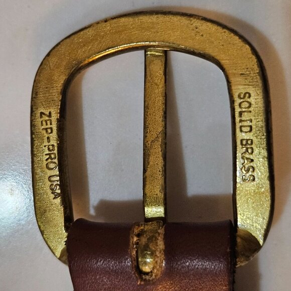 Zep-Pro Mens Belt Brass Buckle Brown Leather Accents & Fish Design 44 Inch Made - Picture 5 of 11